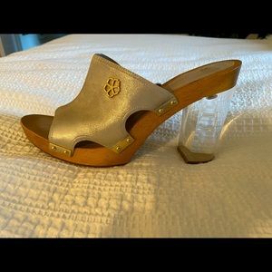 Tory Burch silver slides with 5” acrylic heel.